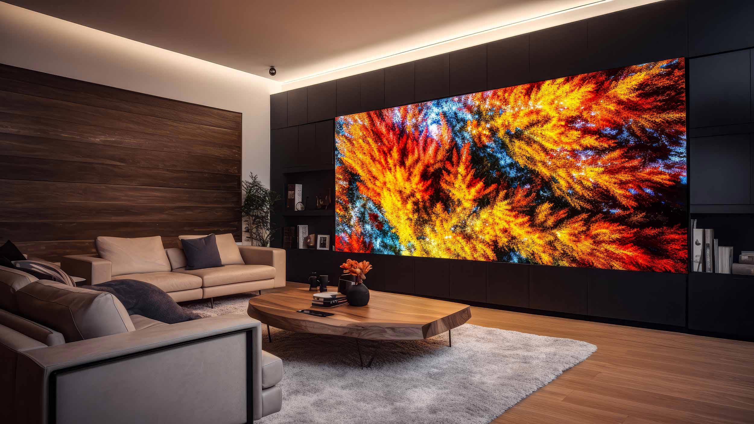 Modern living room with large MicroLED wall displaying vivid abstract visuals