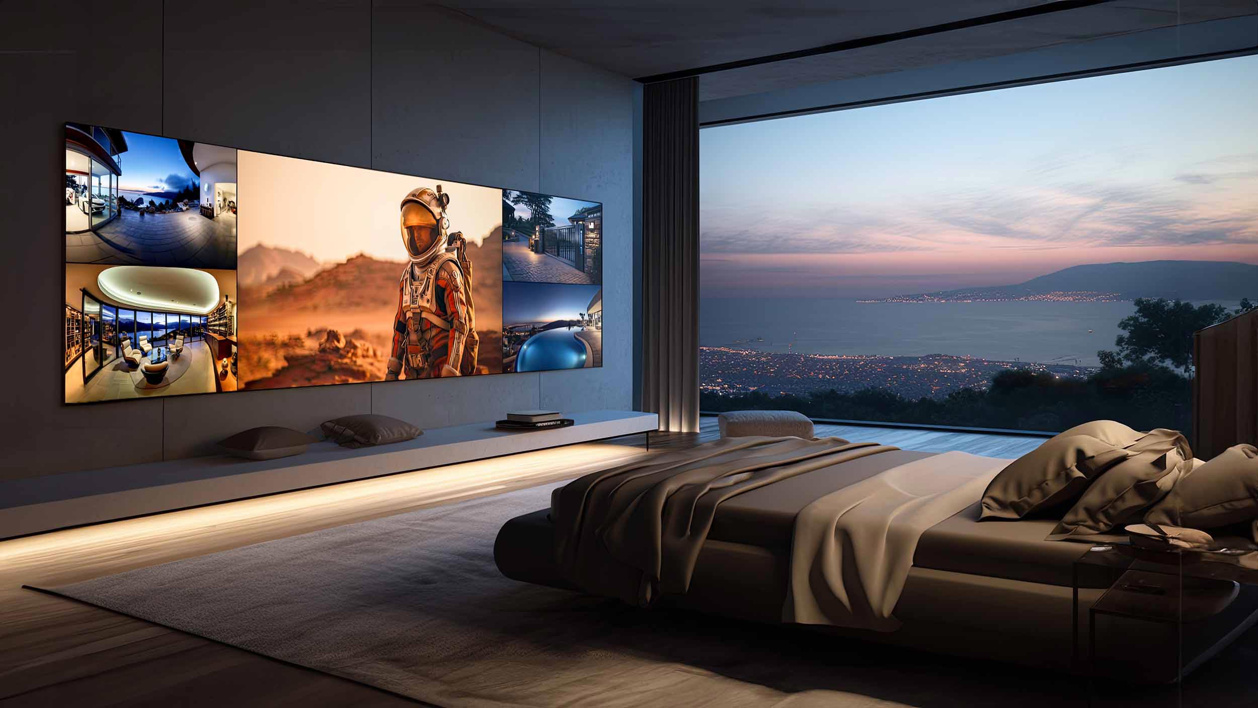 Bedroom with panoramic MicroLED wall and scenic window view