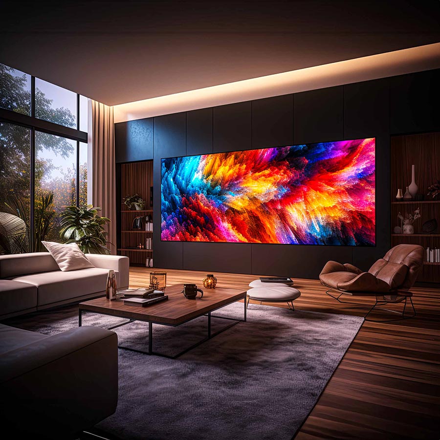 Modern home theater with large colorful LED wall and wood finishes